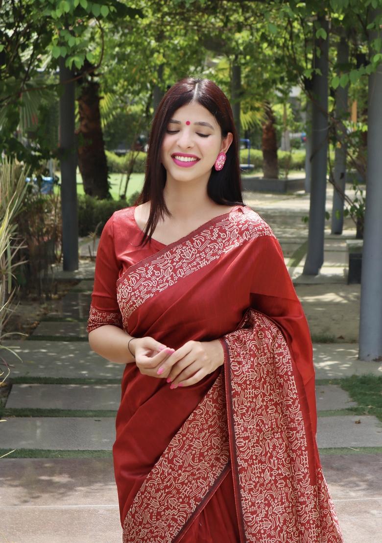 Maroon Printed Silk Saree Set - Indya