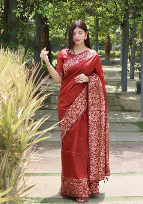 Maroon Printed Silk Saree Set