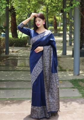 Navy Blue Printed Silk Saree Set