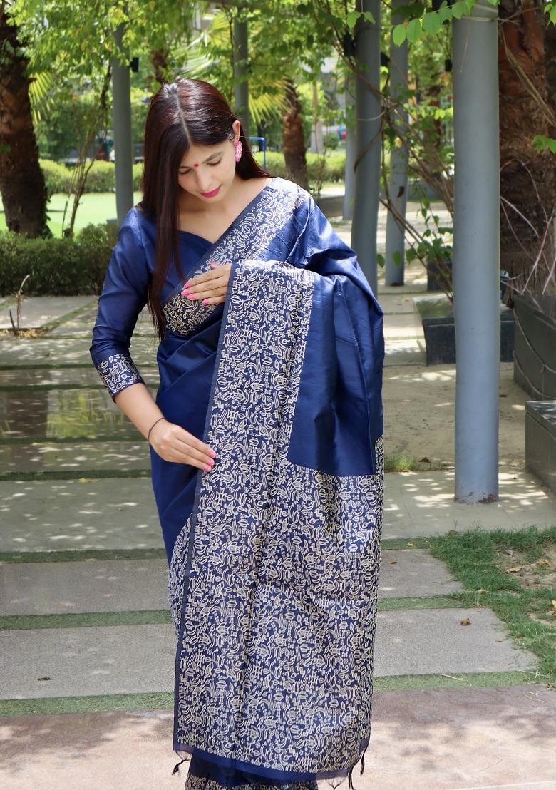 Navy Blue Printed Silk Saree Set - Indya