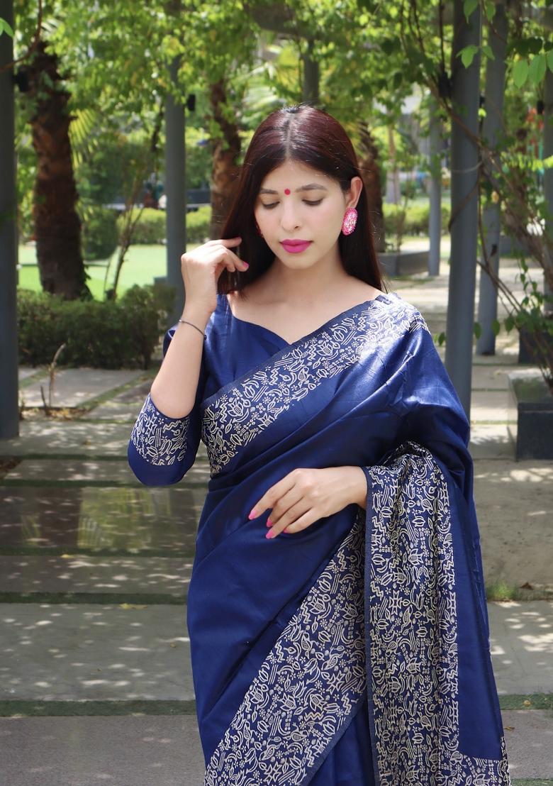 Navy Blue Printed Silk Saree Set - Indya