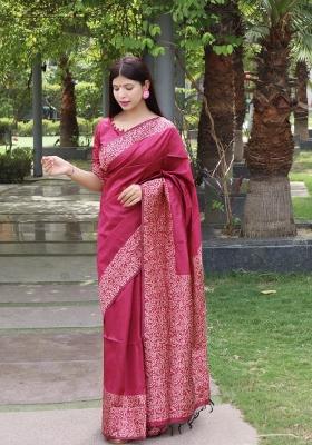 Pink Printed Silk Saree Set