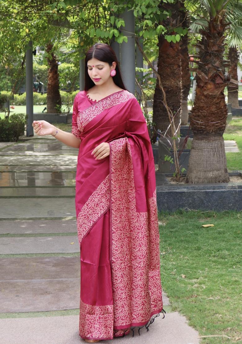 Pink Printed Silk Saree Set - Indya