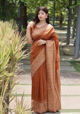 Rust Printed Silk Saree Set