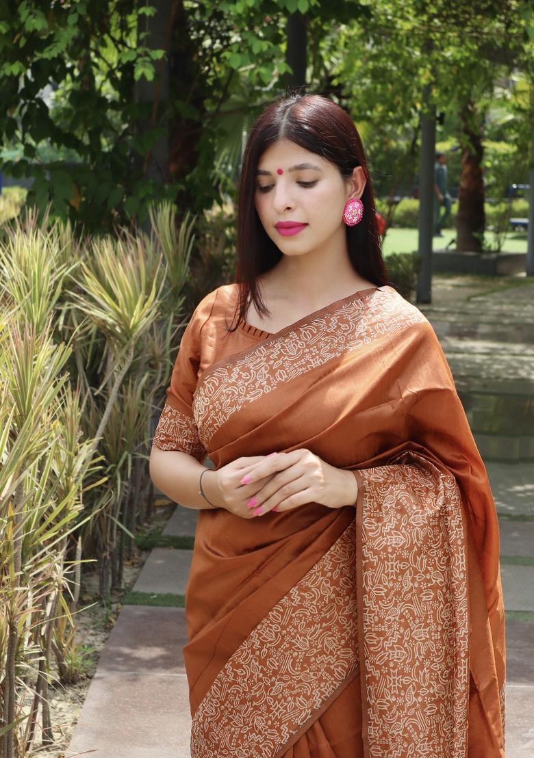 Rust Printed Silk Saree Set - Indya