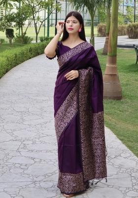 Wine Printed Silk Saree Set