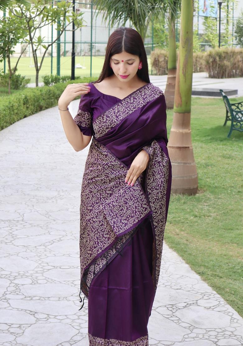 Wine Printed Silk Saree Set - Indya