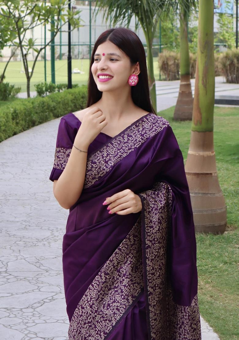 Wine Printed Silk Saree Set - Indya