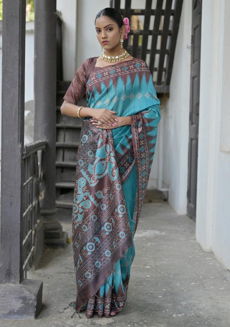 Firozi Brown Printed Silk Saree Set - Indya