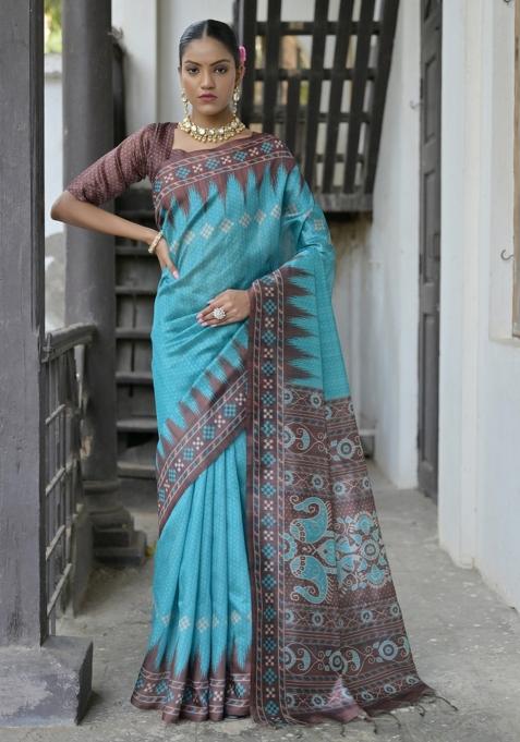 Firozi Brown Printed Silk Saree Set