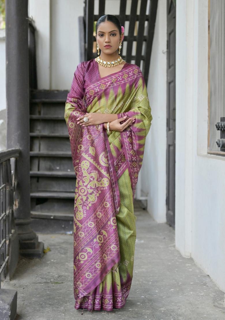 Mehendi Green Purple Printed Silk Saree Set - Indya
