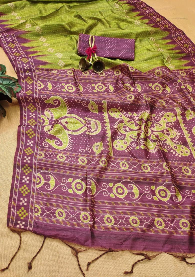 Mehendi Green Purple Printed Silk Saree Set - Indya