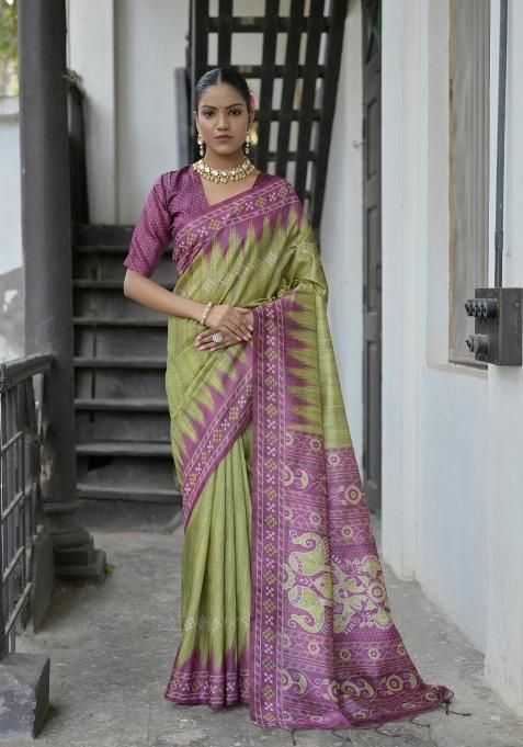 Mehendi Green Purple Printed Silk Saree Set