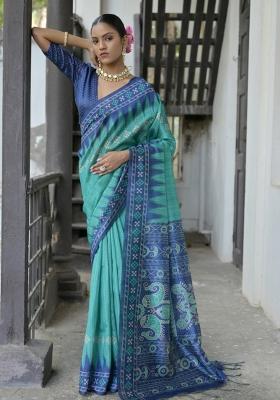 Rama Royal Blue Printed Silk Saree Set