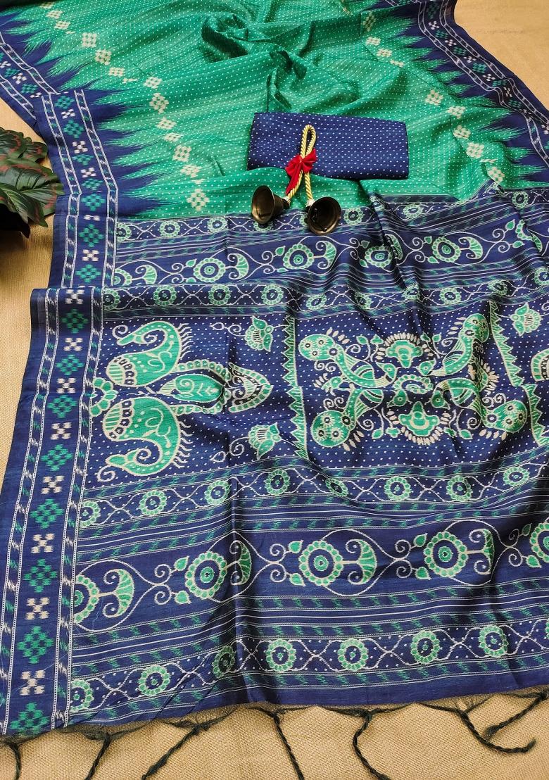 Rama Royal Blue Printed Silk Saree Set - Indya