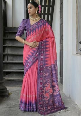 Pink Purple Printed Silk Saree Set
