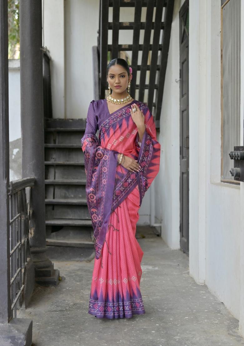 Pink Purple Printed Silk Saree Set - Indya