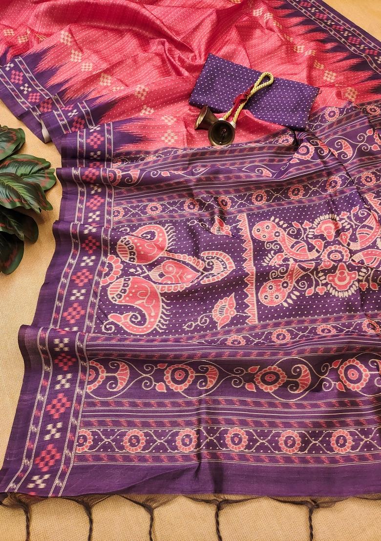 Pink Purple Printed Silk Saree Set - Indya