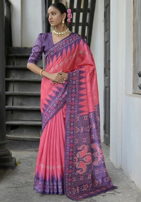 Pink Purple Printed Silk Saree Set