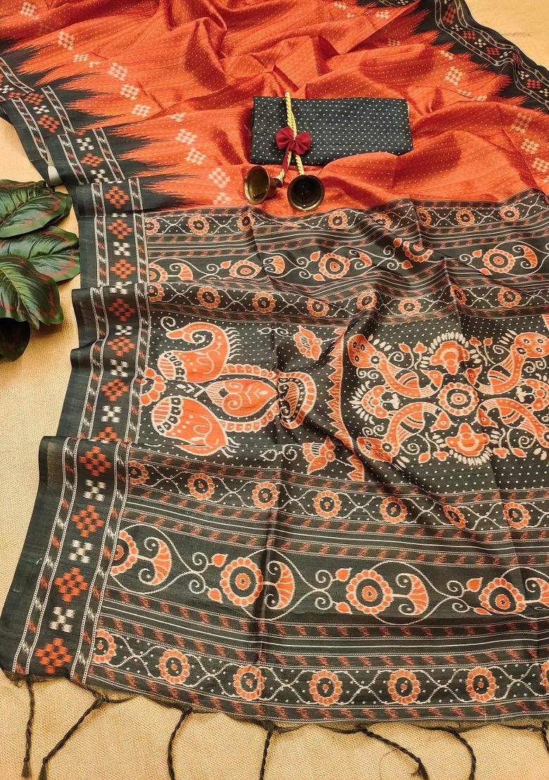 Red And Dark Grey Printed Silk Saree Set - Indya