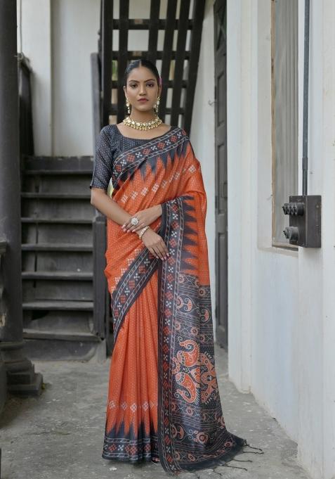 Red And Dark Grey Printed Silk Saree Set