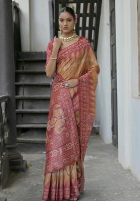 Yellow And Red Printed Silk Saree Set