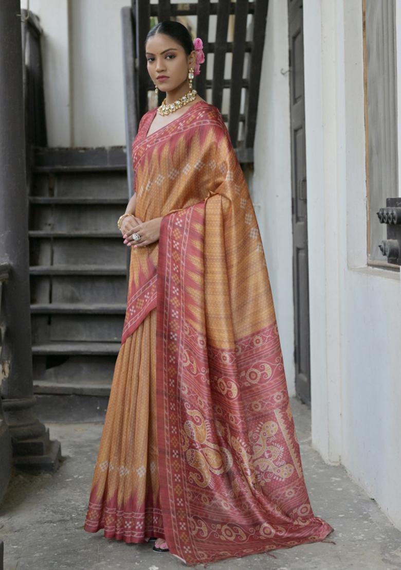 Yellow And Red Printed Silk Saree Set - Indya
