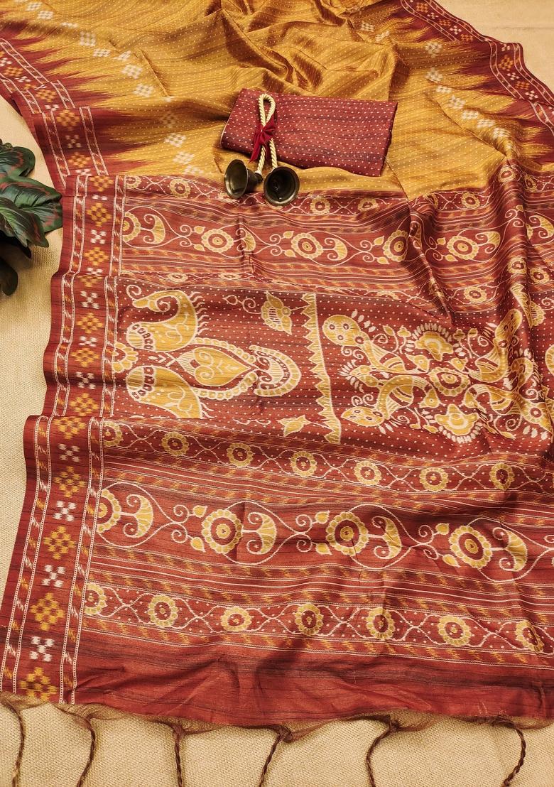 Yellow And Red Printed Silk Saree Set - Indya