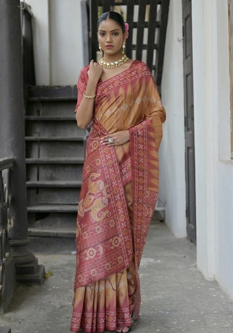 Yellow And Red Printed Silk Saree Set