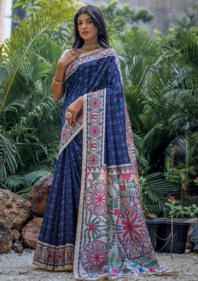 Navy Blue And Off White Printed Silk Saree Set - Indya