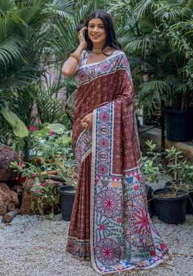 Brown Off White Printed Silk Saree Set