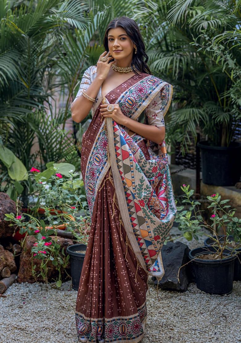 Brown Off White Printed Silk Saree Set - Indya