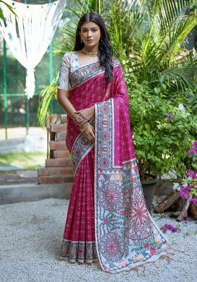 Pink Off White Printed Silk Saree Set