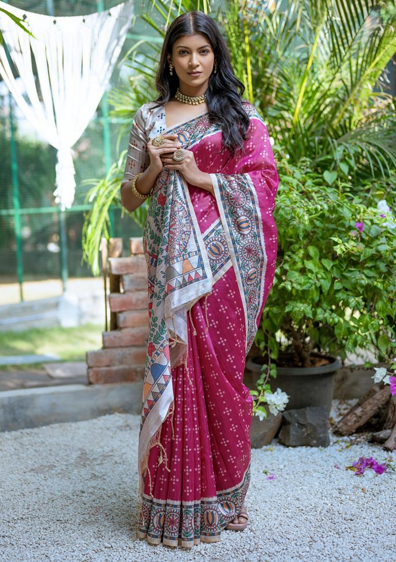 Pink Off White Printed Silk Saree Set - Indya