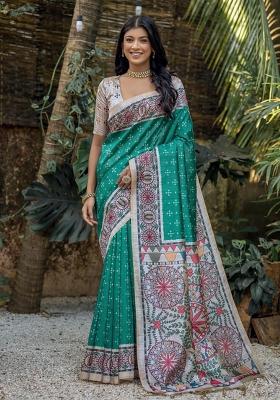 Rama Green Off White Printed Silk Saree Set
