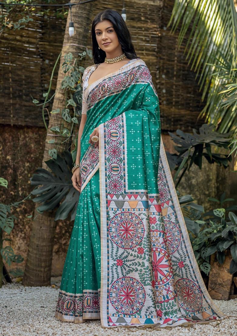 Rama Green Off White Printed Silk Saree Set - Indya