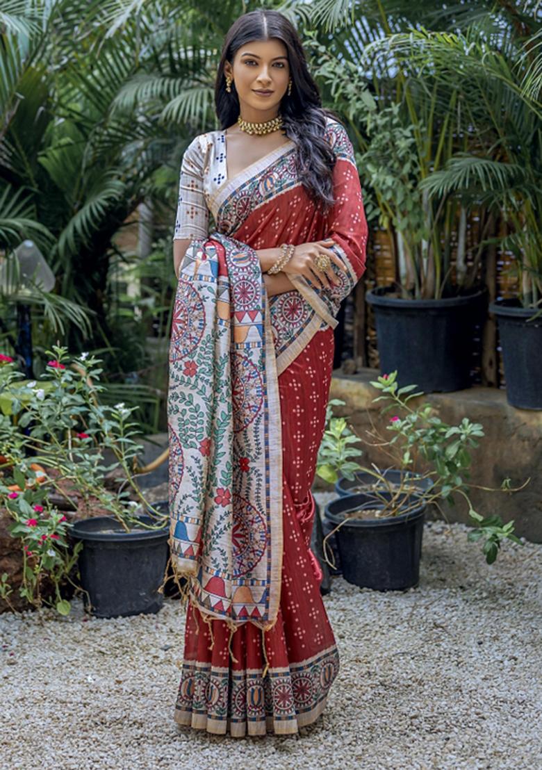 Red And Off-White Printed Silk Saree Set - Indya