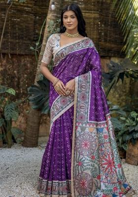 Purple And Off And White Printed Silk Saree Set