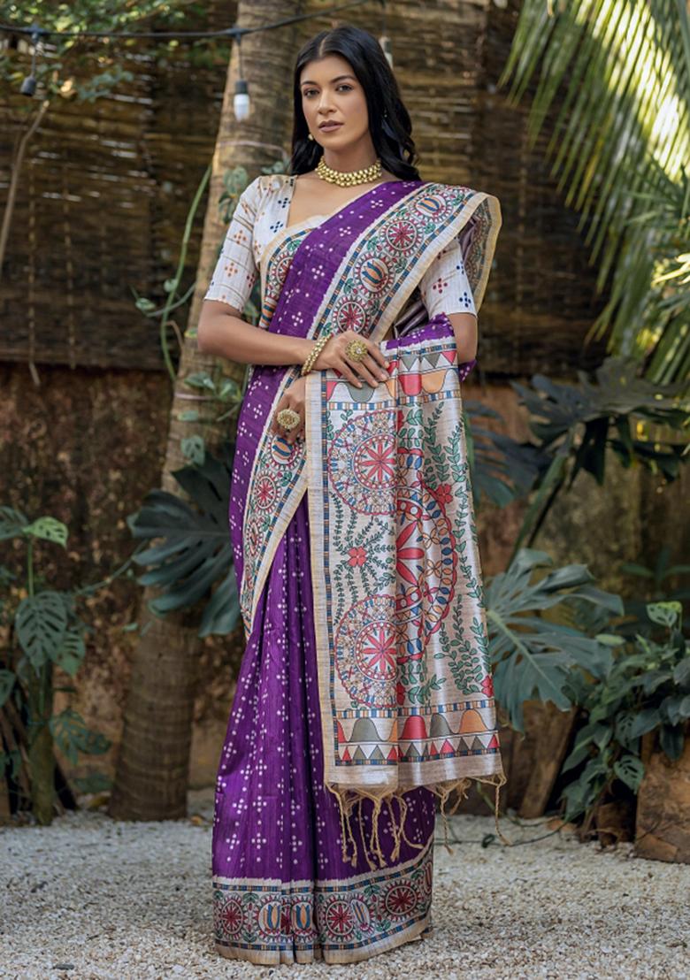 Purple And Off And White Printed Silk Saree Set - Indya