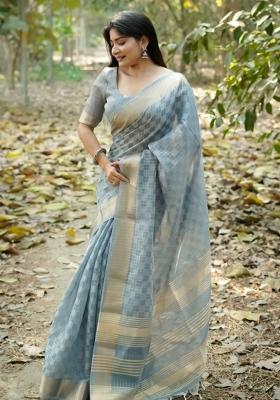Grey Weaving Work Silk Saree Set