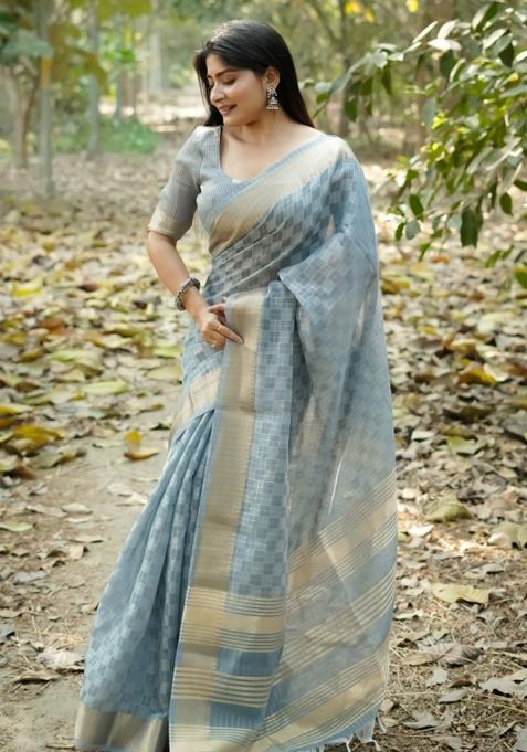 Grey Weaving Work Silk Saree Set