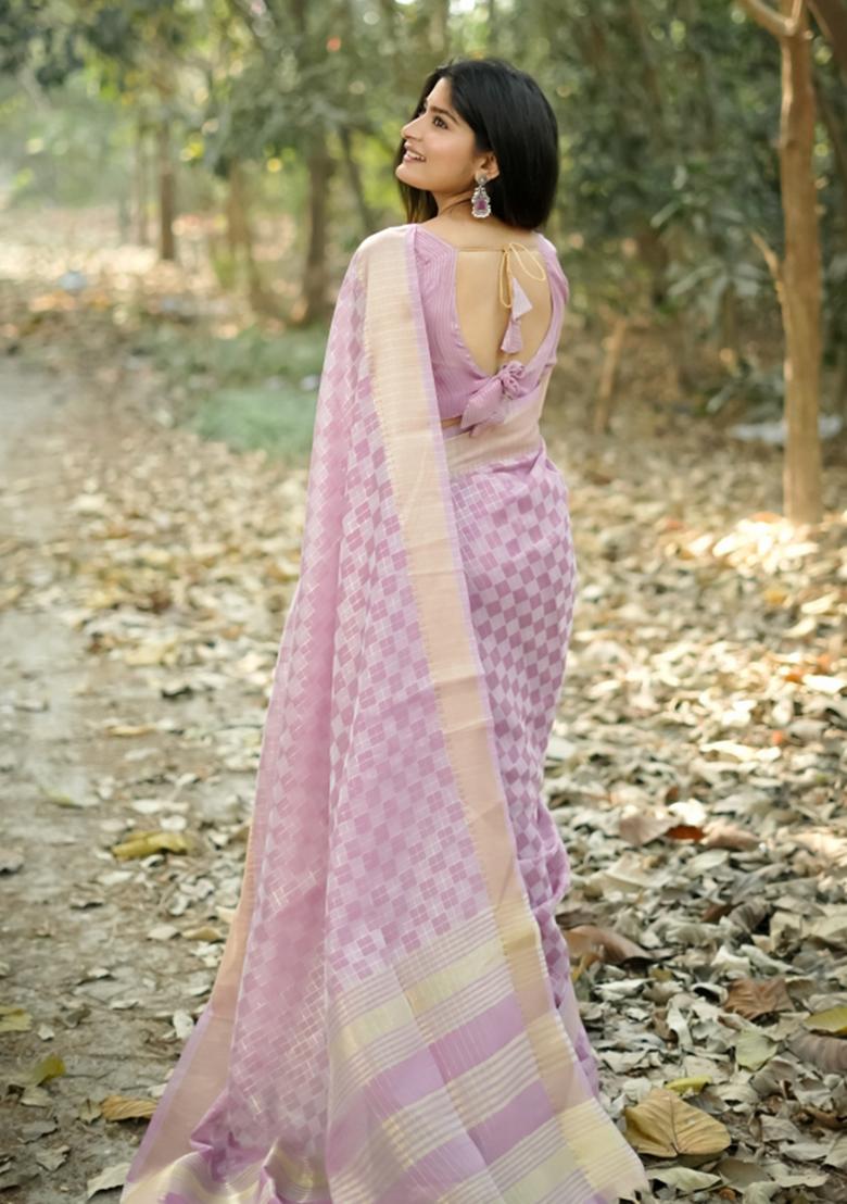 Lavender Weaving Work Silk Saree Set - Indya