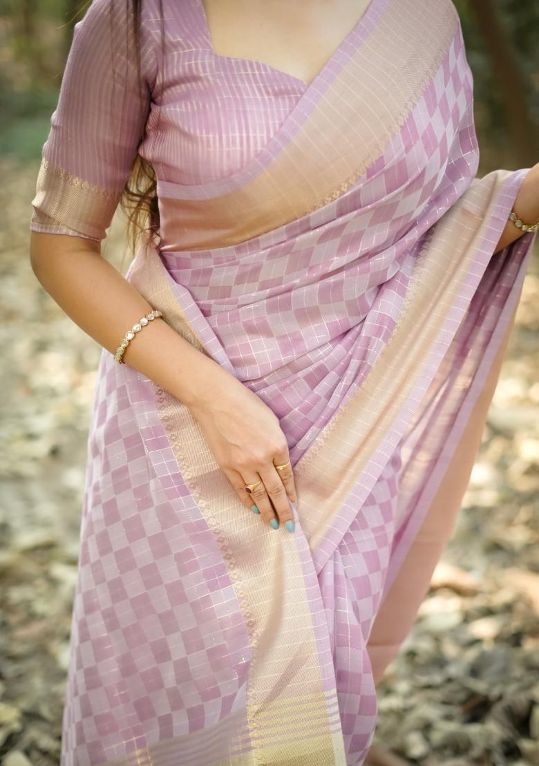 Lavender Weaving Work Silk Saree Set - Indya