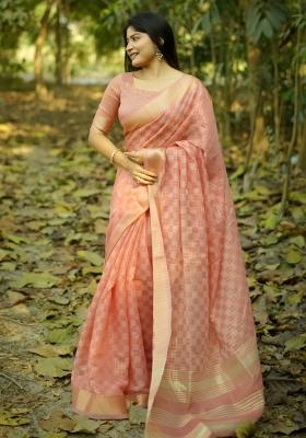 Peach Weaving Work Silk Saree Set