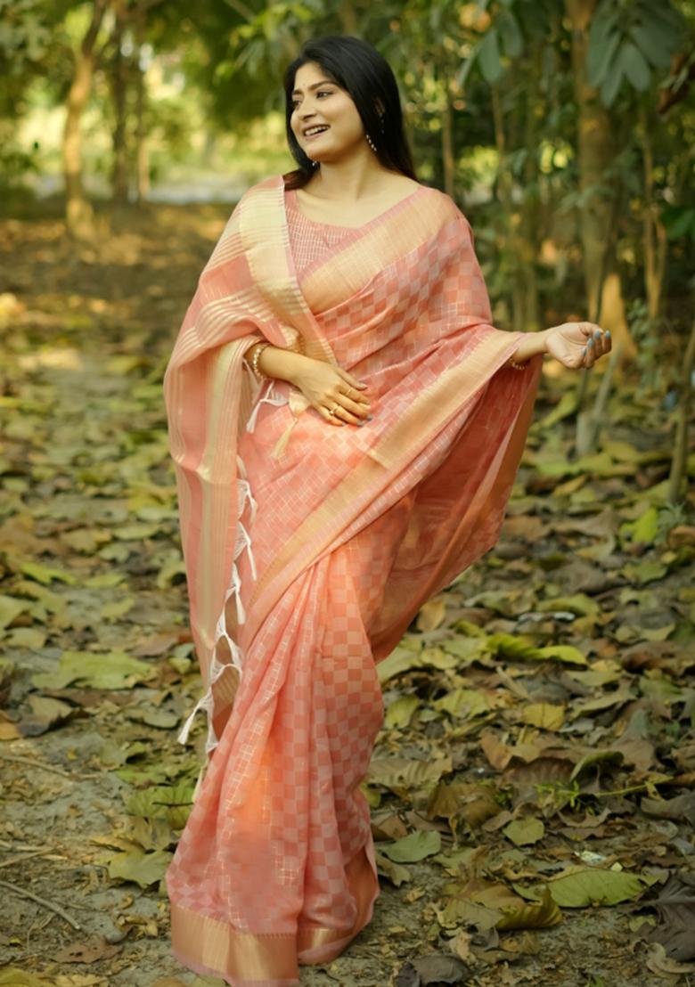 Peach Weaving Work Silk Saree Set - Indya