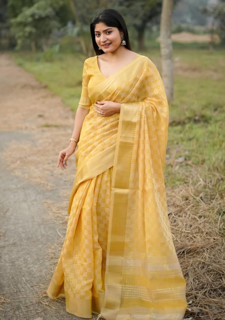 Yellow Weaving Work Silk Saree Set - Indya