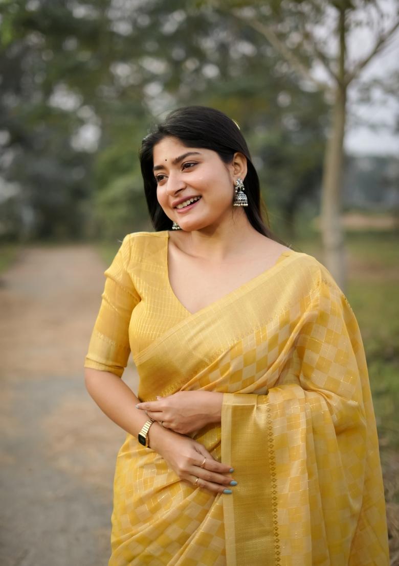 Yellow Weaving Work Silk Saree Set - Indya