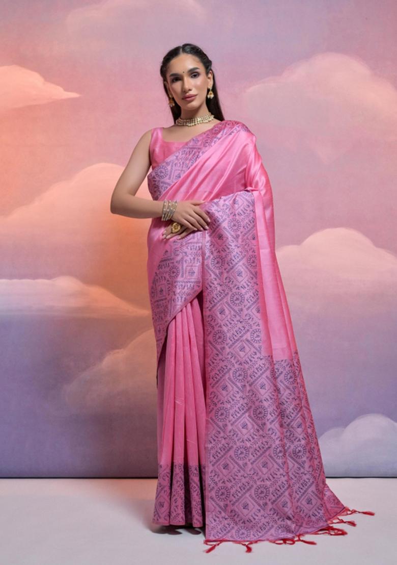 Pink Weaving Work Silk Saree Set - Indya