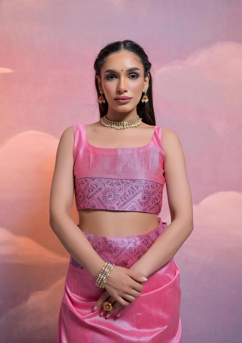 Pink Weaving Work Silk Saree Set - Indya
