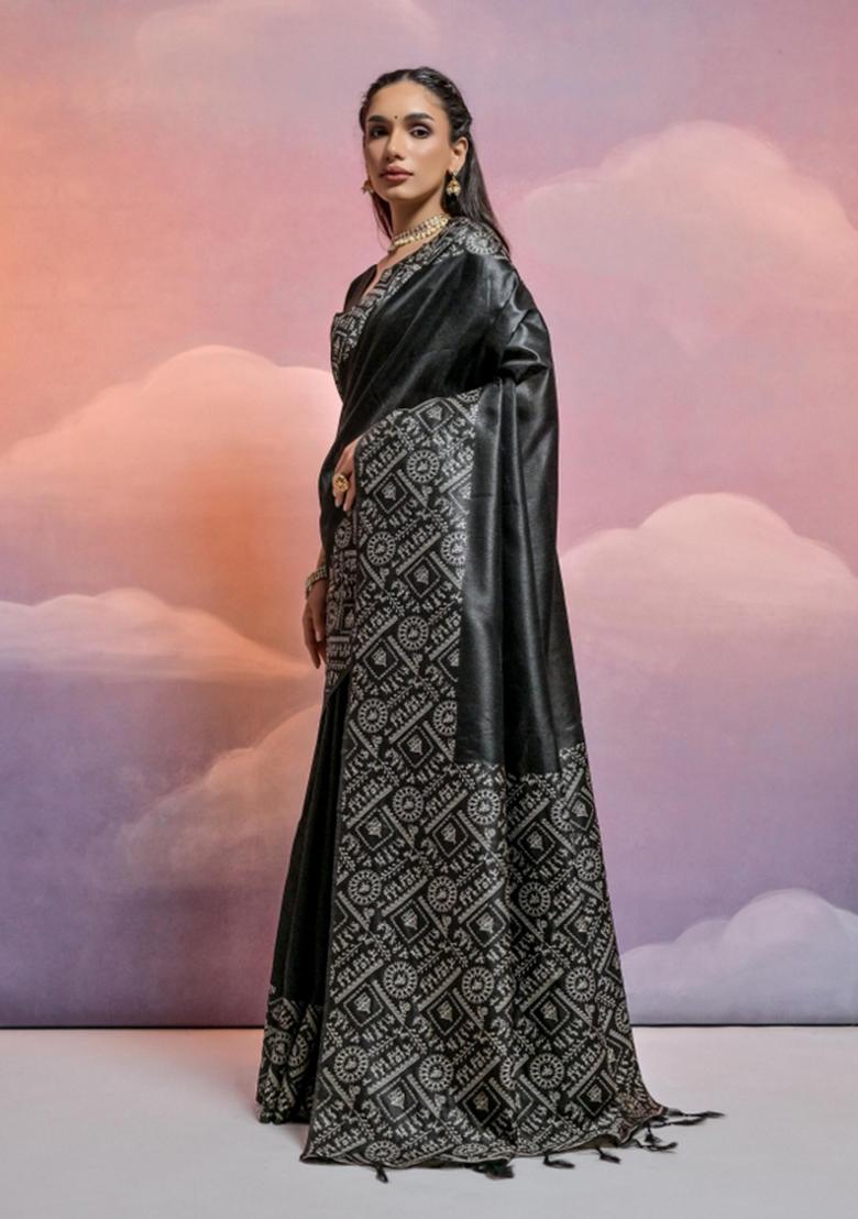 Black Weaving Work Silk Saree Set - Indya